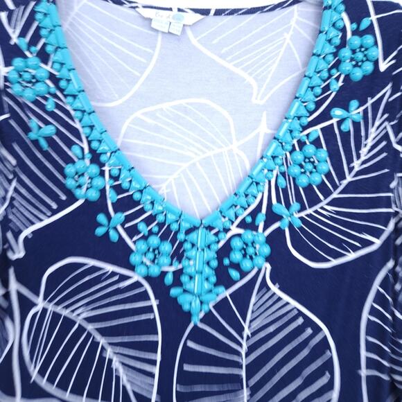 Boden Leaf Print Dress Size 6 Blue White With Embellished Beaded Neckline - Picture 3 of 5